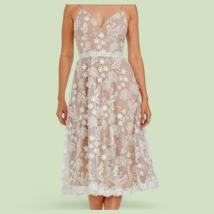 NWT Dress the Population Tahani Fit and Flare Midi Dress In Nude/White